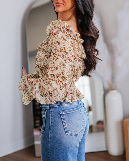 Women's Ditsy Floral Chiffon Off Shoulder Tie Front Shirred Peplum Top
