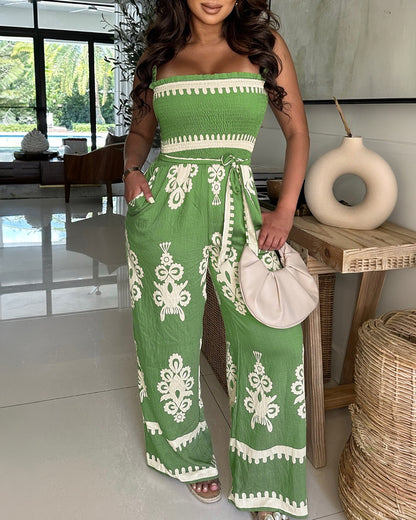 Vintage Floral Print Square Neck Stretchy Straps Shirred Backless Ovealls Casual Tie Waist Wide Leg Jumpsuit