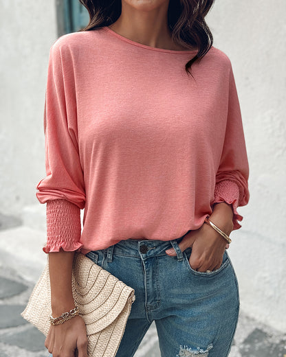 Round Neck Three Quarters Shirred Lantern Sleeve Softy T-Shirt Casual Tee