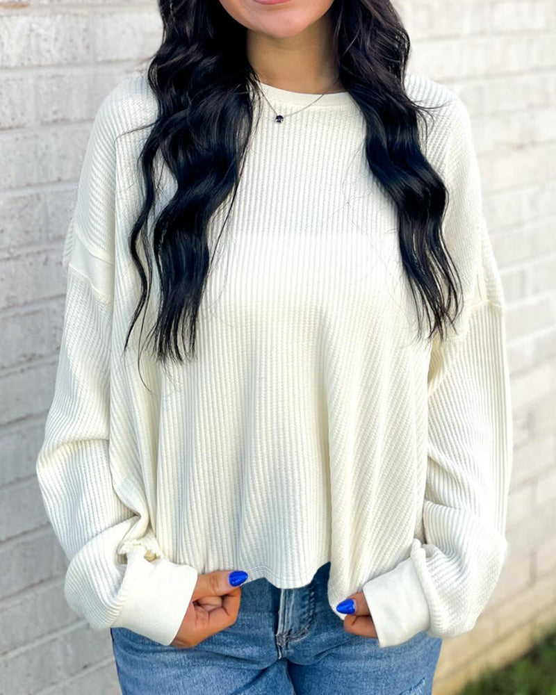 Plain Long Sleeve Cold Shoulder Waffle Knit Blouse Casual Criss Cross Backless Detail Pullover Top