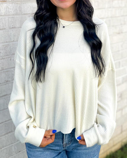 Plain Long Sleeve Cold Shoulder Waffle Knit Blouse Casual Criss Cross Backless Detail Pullover Top