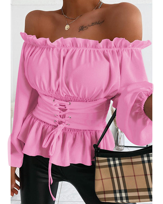 Frill Trim Off Shoulder Long Sleeve Lace-up Front Blouse Casual Shirred Waist Flared Hem Top