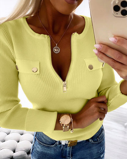 Crewneck Half Zipper Flap Detail Knit Sweater Long Sleeve Slim Fit Ribbed Pullover Top