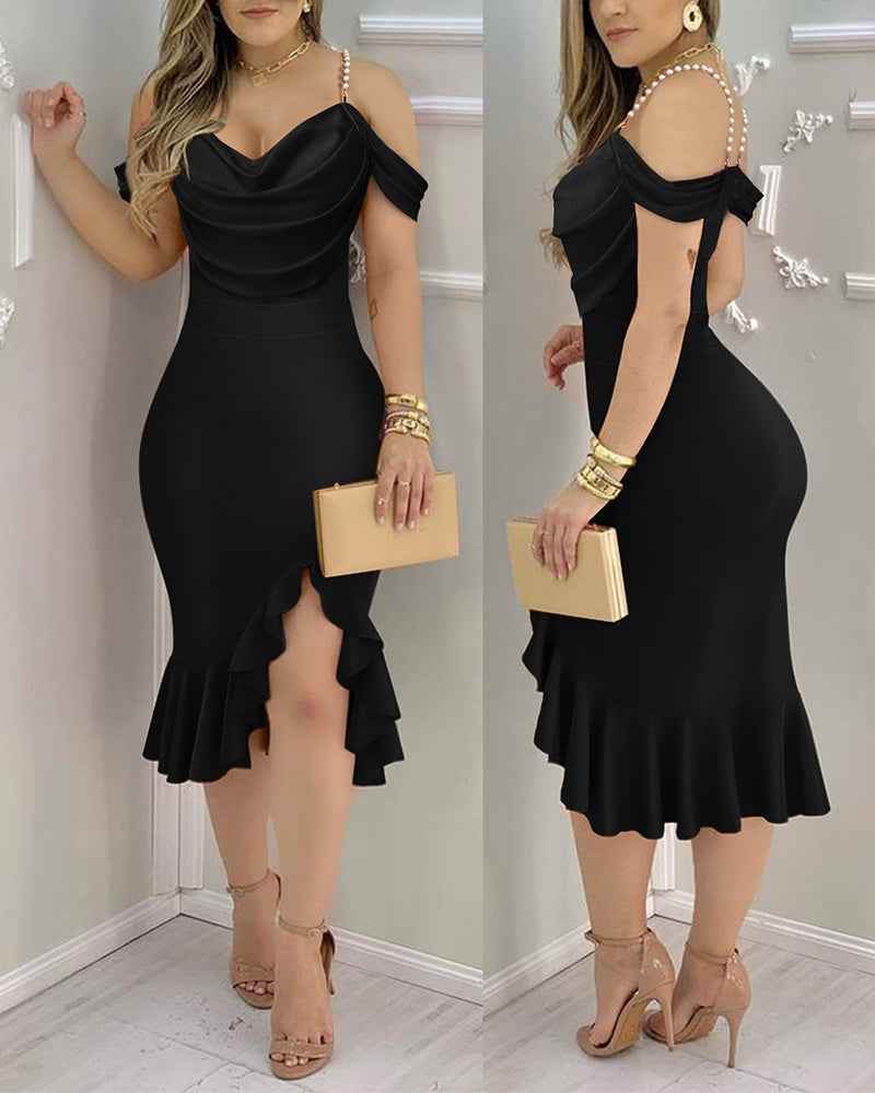 Cold Shoulder Pearls Straps Bodycon Dress Cowl Neck Asymmetrical Ruffle Hem Party Dress