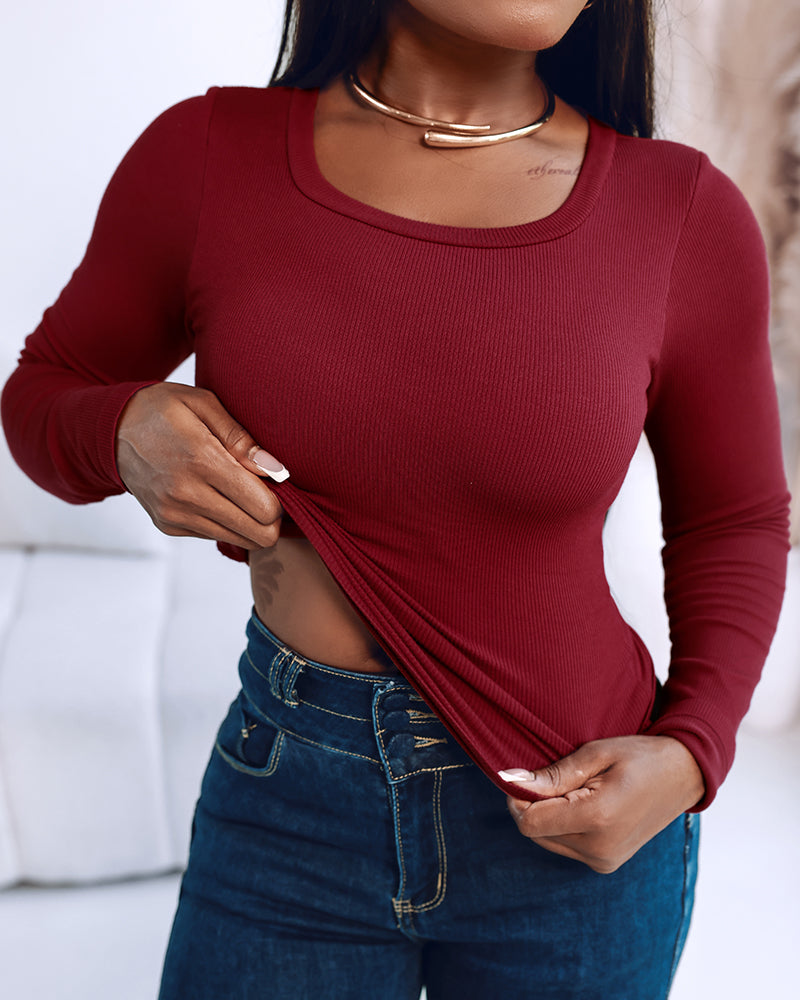 Built In Bra U Neck Tee High Stretchy Knit T-Shirt Long Sleeve Top