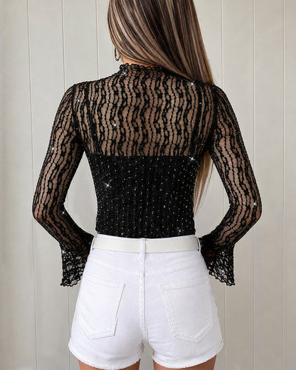 Women's 2 Piece Outfit Rhinestone Mock Neck Flare Sleeve Sheer Mesh Top with Adjustable Cami Top