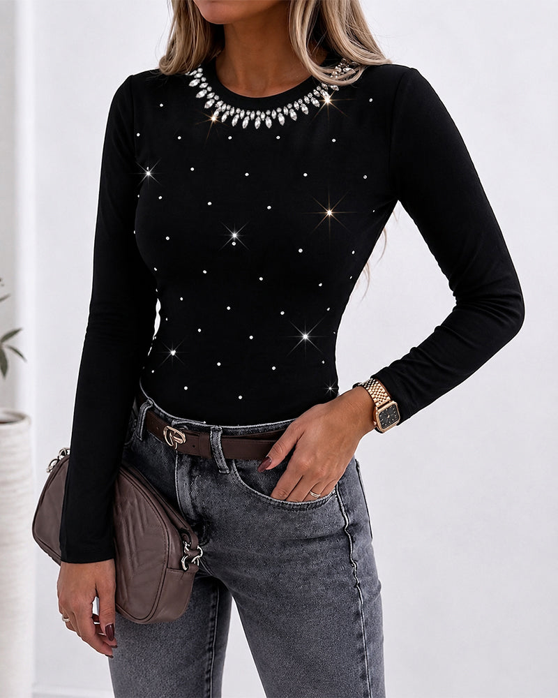Women's Rhinestone Crewneck Long Sleeve Slim Fit Top