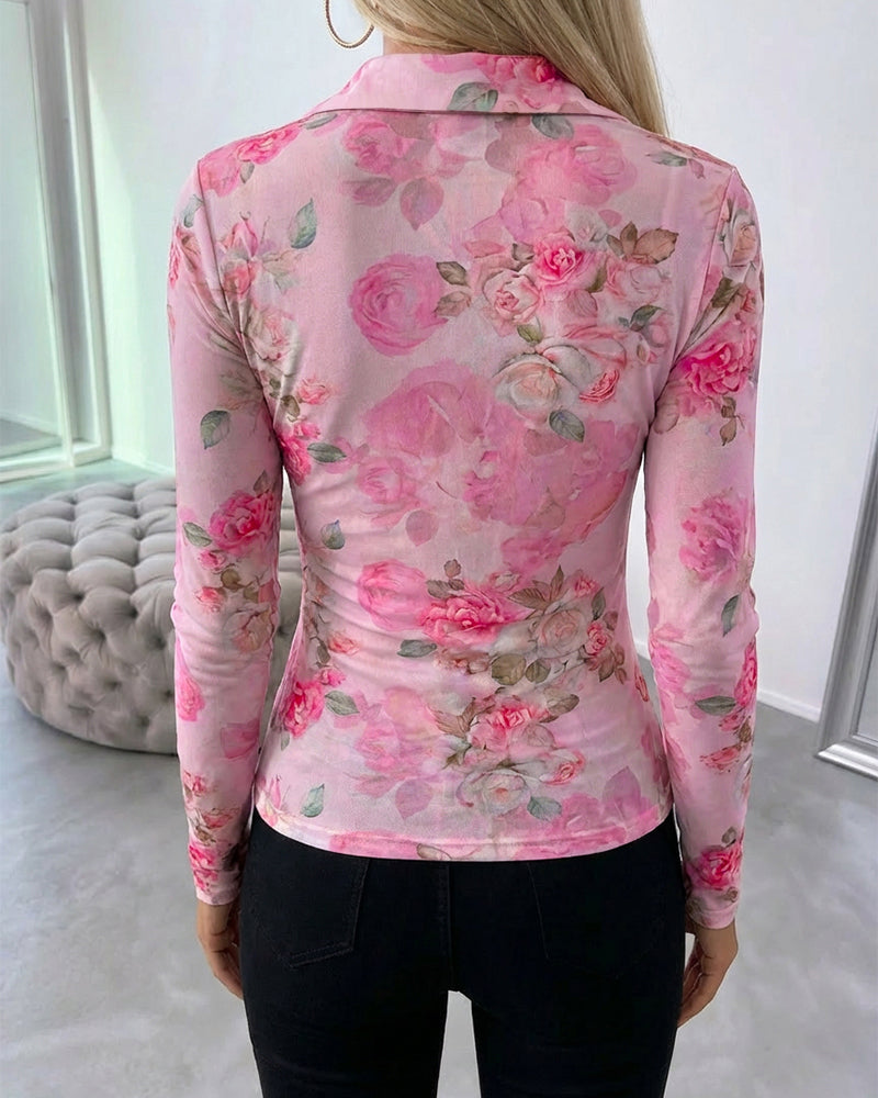 Floral Print Turn-down Collar V-Neck Button Front Shirt Slim Fit Long Sleeve Ruched Sheer Mesh Top with Lining