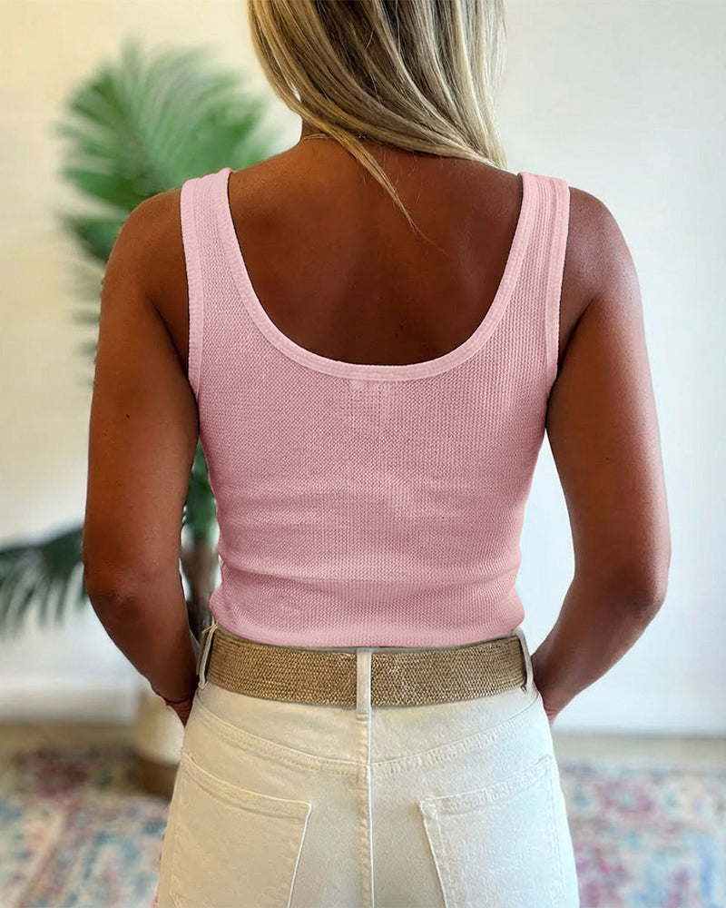 U-Neck Sleeveless Half Button Front Tank Slim Fit Backless Knit Waffle Tank Top