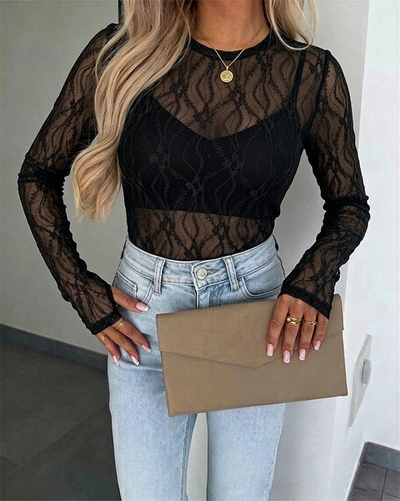 Women's Jacquard Textured Sheer Lace Long Sleeve Top Crewneck Slim Fit Tee with Thumb Holes