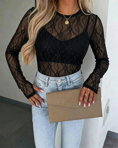 Women's Jacquard Textured Sheer Lace Long Sleeve Top Crewneck Slim Fit Tee with Thumb Holes