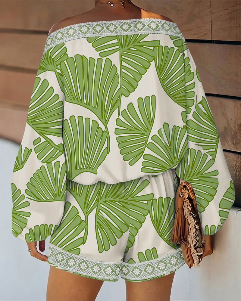 Women's Tropical Leaf Print 2 Piece Set Skew Neck Lantern Sleeve Top and Elastic Waist Shorts with Pockets & Lace