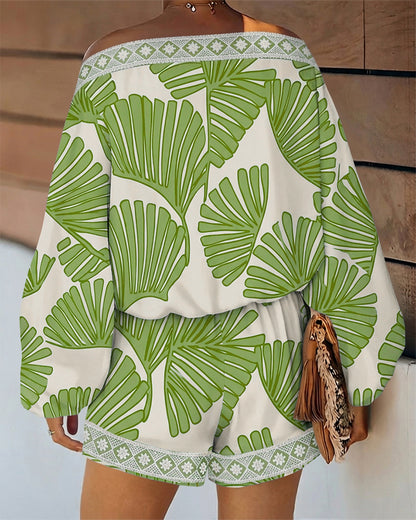 Women's Tropical Leaf Print 2 Piece Set Skew Neck Lantern Sleeve Top and Elastic Waist Shorts with Pockets & Lace