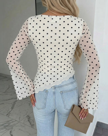 Women's Polka Dot Mesh Top Flare Long Sleeve Boat Neck Lined Asymmetric Frill Hem Blouse Vintage Party Shirt