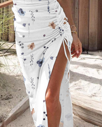 Floral Print U-Neck Thick Strap Drawstring Slit Vacation Dress Casual Ruched Slim Fit Tank Dress
