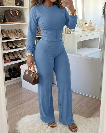2 Pieces Outfit O-neck Long Sleeve Cinched Waist Sweatshirt and Elastic Waist Wide Leg Pants Set Casual Seam Design Sweatpants Set