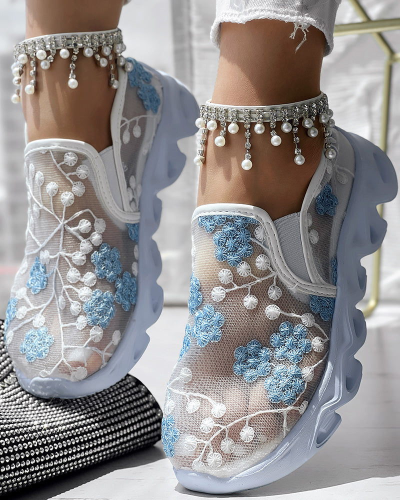Floral Pattern Sheer Mesh Patch Round Toe Sneakers