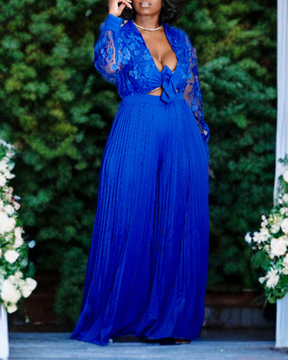 Jacquard Sheer Mesh Patch Turn-down Collar Jumpsuit Elegant Waist Tied Detail Pleated Flare Romper