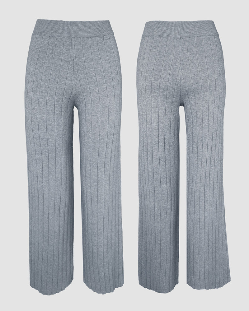 2 Pieces Outfit Button Decor Foldover Off Shoulder Slim Fit Top and Elastic Waist Wide Leg Pants Set Casual Ribbed Set