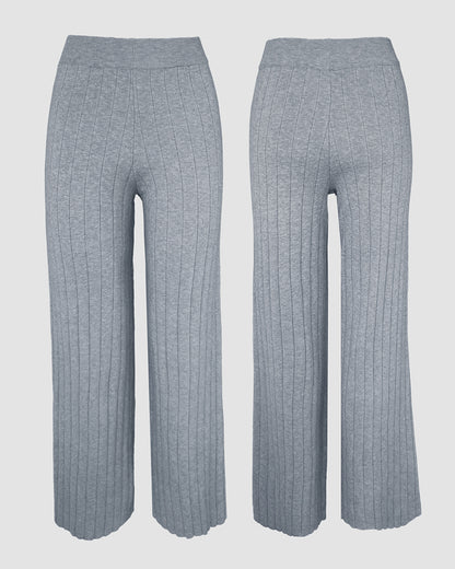 2 Pieces Outfit Button Decor Foldover Off Shoulder Slim Fit Top and Elastic Waist Wide Leg Pants Set Casual Ribbed Set