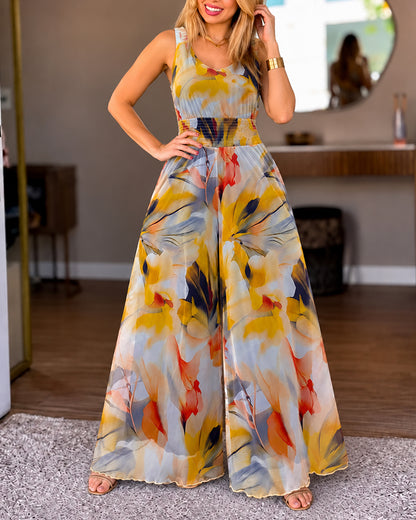 Women's V-Neck Floral Print Mesh Wide Leg Jumpsuit Stretchy Straps Shirred Waist Overalls