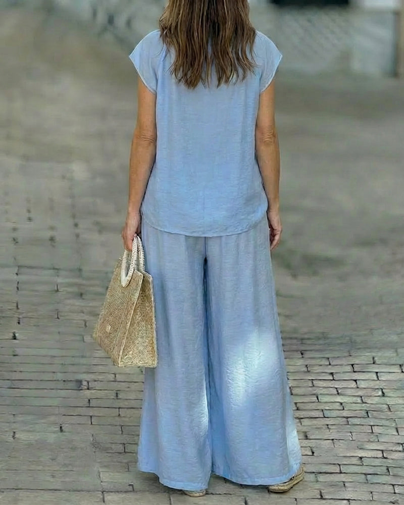 2 Pieces Outfit Notch Neck Tied Detail Short Sleeve Top and Drawstring Elastic Waist Wide Leg Pants Set Casual Breathable Loose Fit Set
