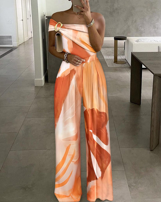Metal Ring Decor All Over Print One Shoulder Ruched Jumpsuit Casual Pleated Wide Leg Jumpsuit