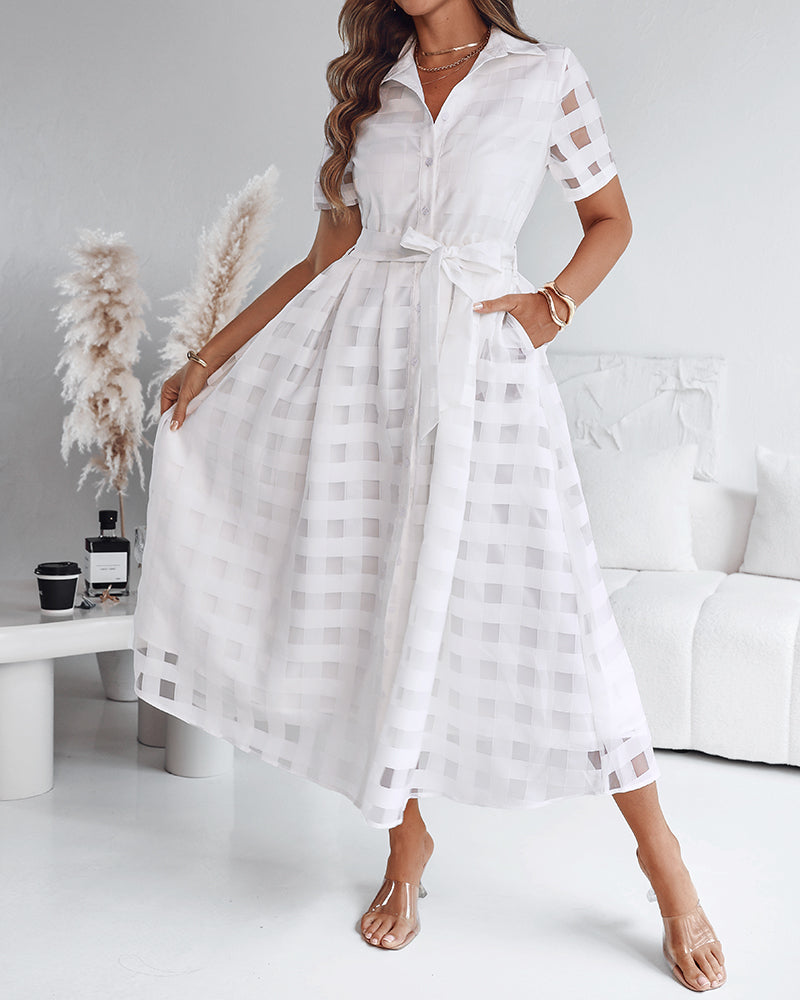 Turn Down Collar Plaid Mesh Double Layered Cinched Waist Maxi Dress Button Down Bow Tie Waist Commuting Dress