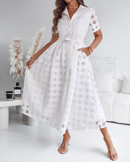 Turn Down Collar Plaid Mesh Double Layered Cinched Waist Maxi Dress Button Down Bow Tie Waist Commuting Dress