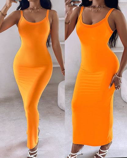 Spaghetti Strap U-Neck Casual Maxi Dress Slim Fit Cami Vacation Dress