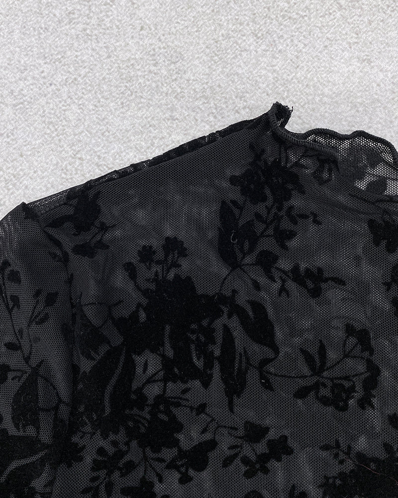 Floral Print Flocking Mock Neck Long Sleeve T Shirt Casual Sheer Mesh Slim Fit Blouse Top