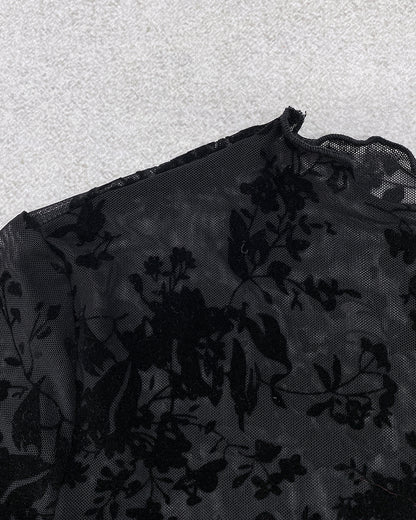 Floral Print Flocking Mock Neck Long Sleeve T Shirt Casual Sheer Mesh Slim Fit Blouse Top