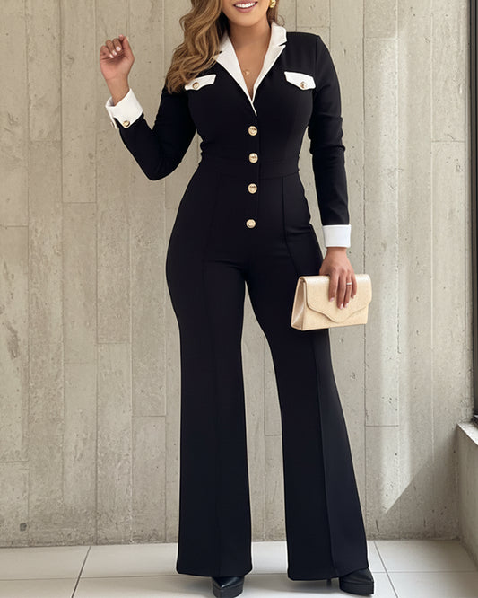 Colorblock Long Sleeve Jumpsuit with Turn-down Collar Casual Metal Button Details Wide Leg Romper