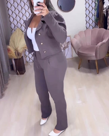 Women's 2 Piece Blazer Set Cropped Double Breasted Coat and Drawstring Pants