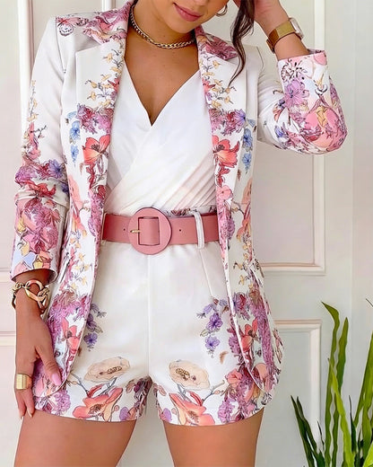 Women's Floral Blazer & Shorts Set Elegant Single-Breasted Coat and High-Waisted Shorts with Belt