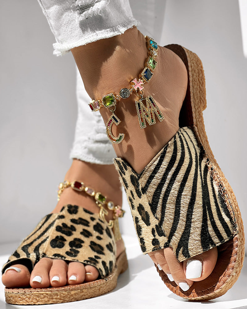 Zebra Stripe Leopard Pattern Toe Post Slippers