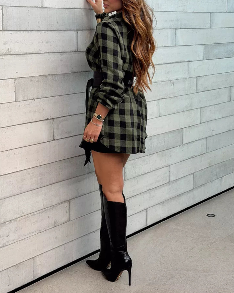 Women's Plaid Long Sleeve Shirt Dress Lapel Button Down Mini Dress with PU Leather Belt
