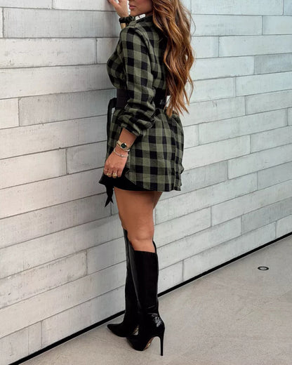 Women's Plaid Long Sleeve Shirt Dress Lapel Button Down Mini Dress with PU Leather Belt