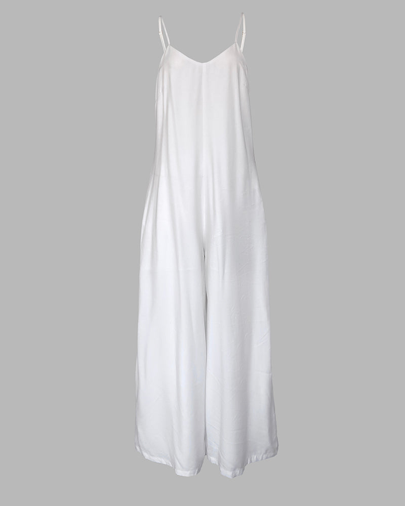 Plain Adjustable Strap Wide Leg Jumpsuit Casual Loose Fit Romper