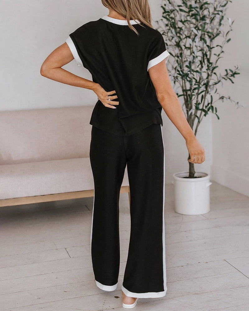 Women's Contrast Binding Two-Piece Set Short Sleeve Top and Wide Leg Pants