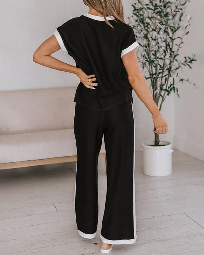 Women's Contrast Binding Two-Piece Set Short Sleeve Top and Wide Leg Pants