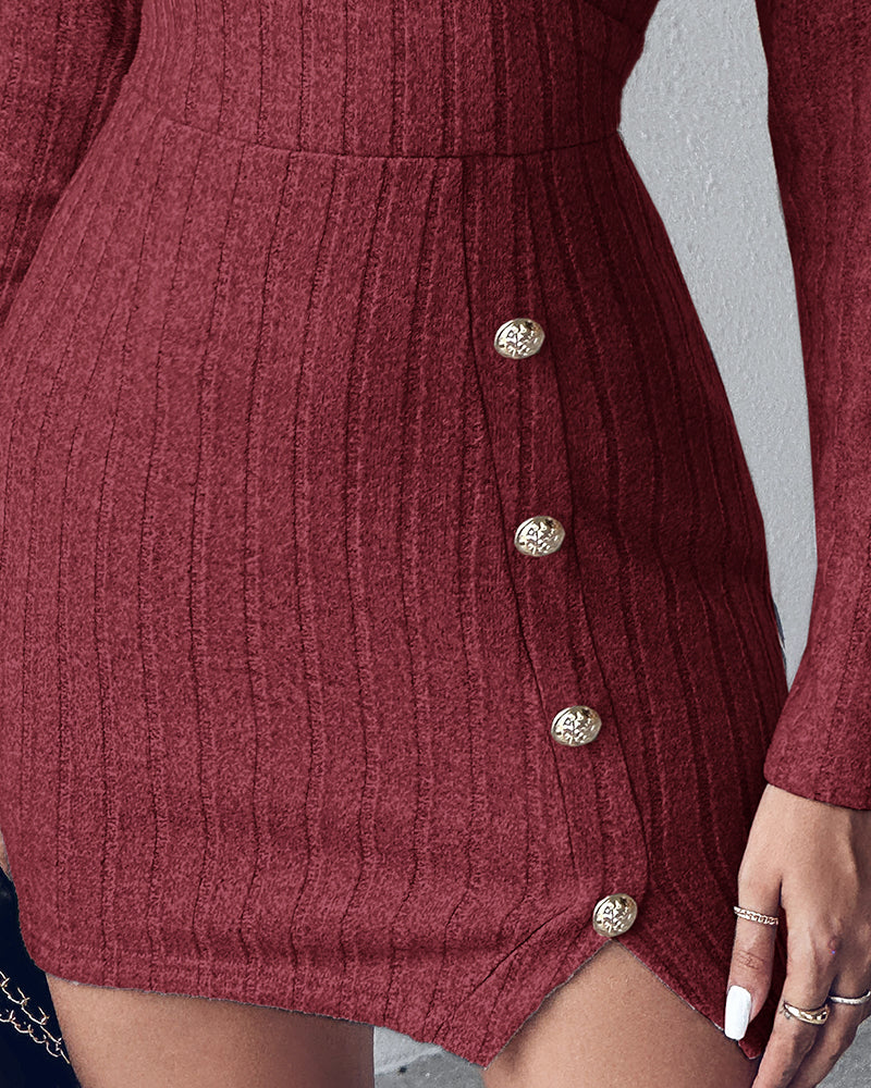 Polo V-Neck Long Sleeve Fleece Lined Bodycon Dress Slit Button Decor Ribbed Mini Dress