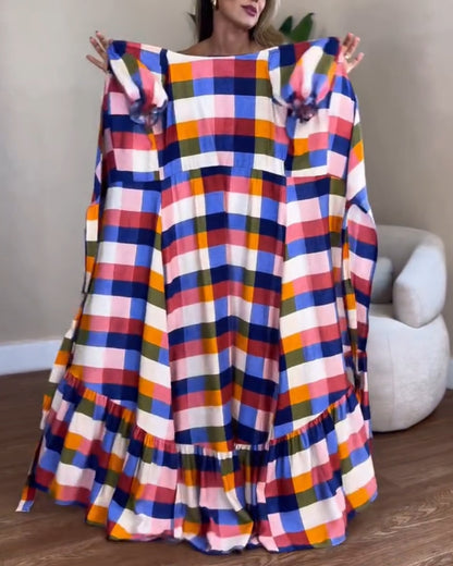 Colorful Plaid Print Overlap V-Neck Puff Sleeve Wrap Lace-Up Vacation Dress Casual Bow Tie Waist Ruffle Hem Maxi Dress
