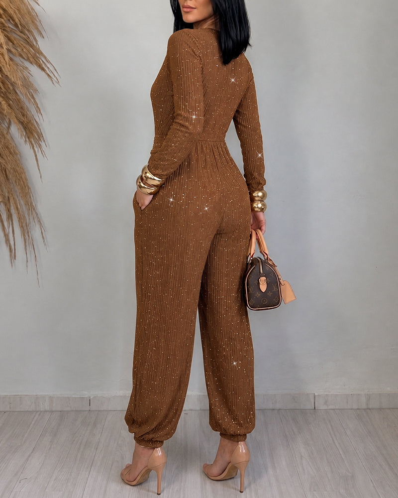 Women's Glitter Tied Detail High Waist Jumpsuit Overlap V Neck Long Sleeve Overalls