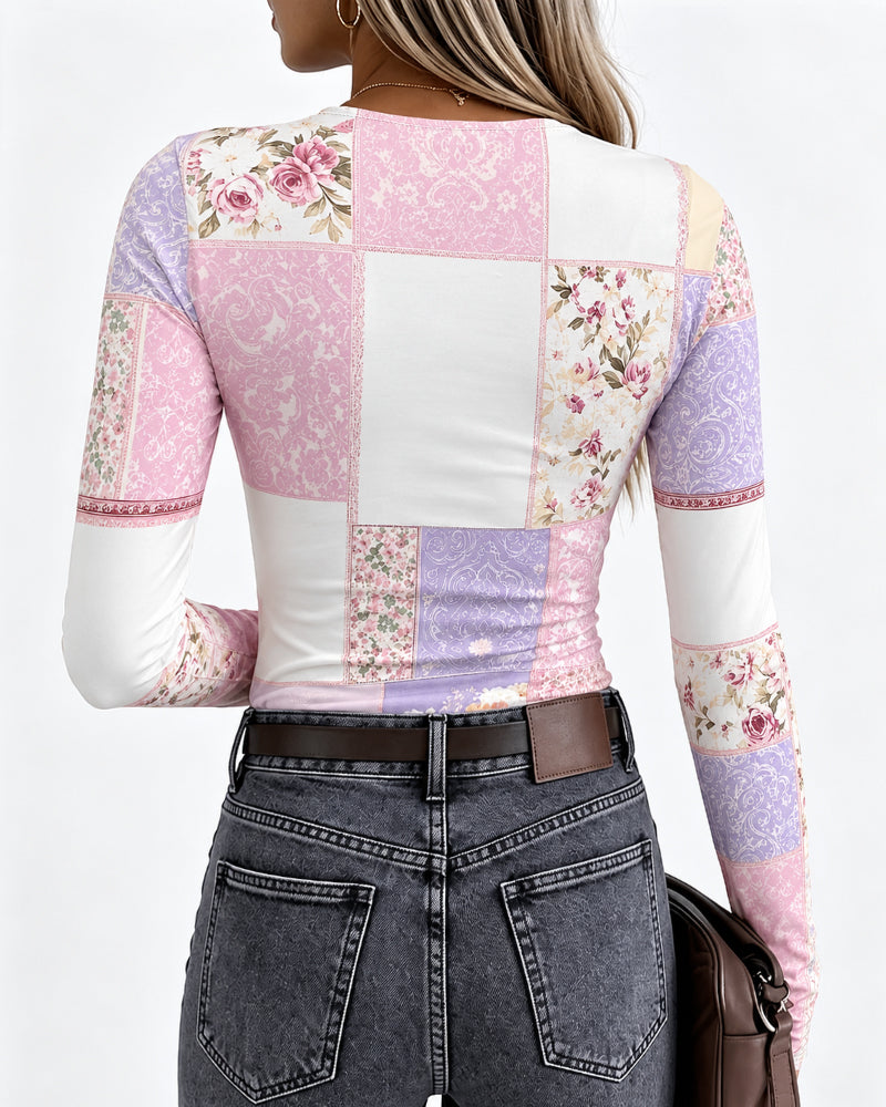 Women's Vintage Patchwork Floral Print Crew Neck Long Sleeve Slim Fit Top with Thumbholes