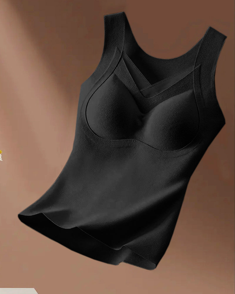Sheer Mesh Spliced V Neck Sleeveless Built In Bra Tank Casual Warm Fleece Lined Slim Fit Top