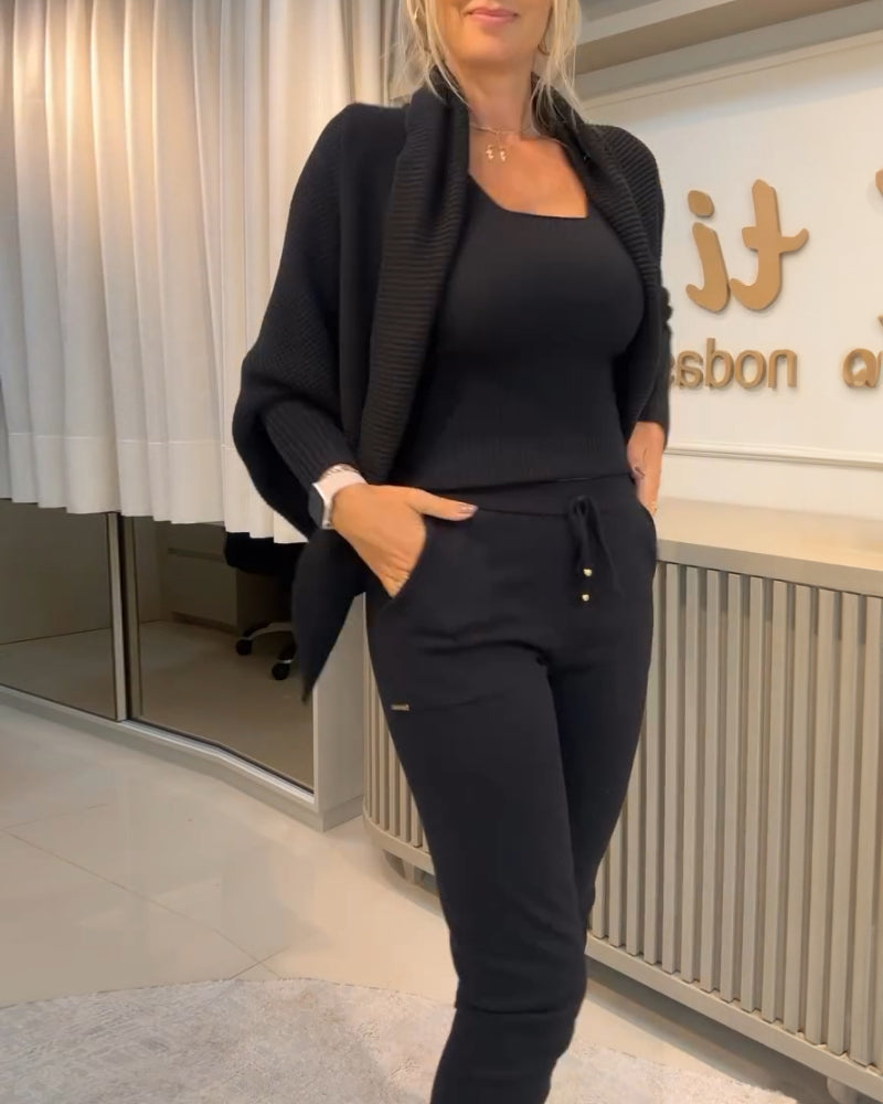 3PCS Batwing Sleeve Cardigan With Asymmetrical Neck Tank Top & Stretchy Waist Pants Set