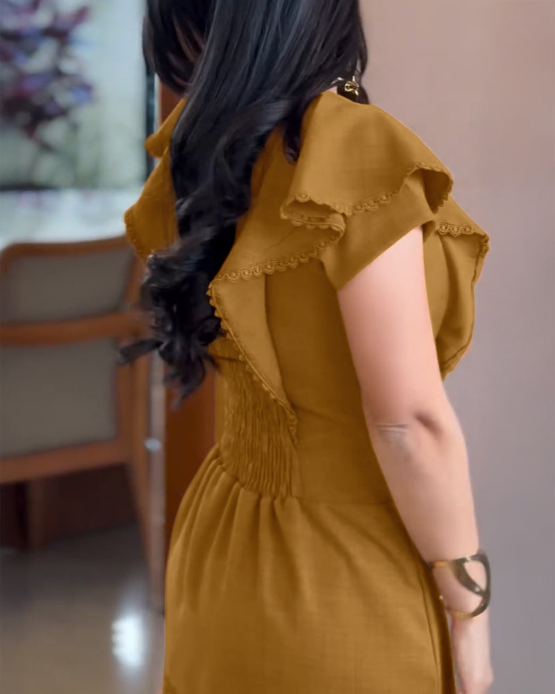 Butterfly Sleeve Hollow-out Back Shirred Work Dress Casual Cinched Waist Lace Trim Ruffle Hem Dress