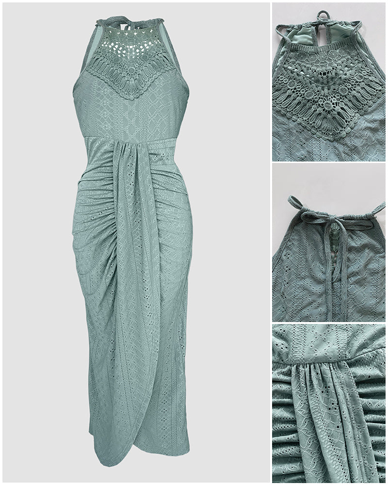 Adjustable Halter Hollow-out Back Ruched Front Slit Dress Guipure Lace Yoke Eyelet Embroidery Vacation Dress