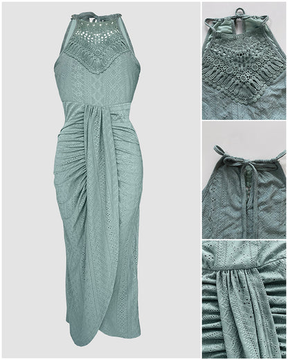 Adjustable Halter Hollow-out Back Ruched Front Slit Dress Guipure Lace Yoke Eyelet Embroidery Vacation Dress